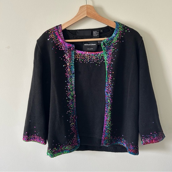 Michael Simon Tops - Michael Simon Black Cardigan with Sequins and Matching Sleeveless Top Sz M